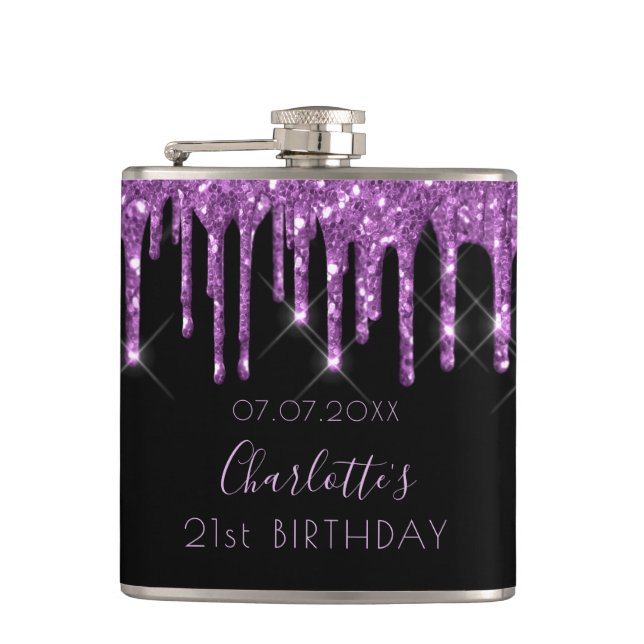 Birthday purple glitter black monogram friends hip flask (Front)