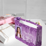 Birthday purple glitter drips 2 photo name large gift bag<br><div class="desc">A gift bag for a girly and glamourous (any age) birthday.  A purple gradient background with deep purple faux glitter drips,  paint dripping  look. White hand lettered style script and the text: Happy Birthday. Personalise and add 2 different photos,  name.</div>