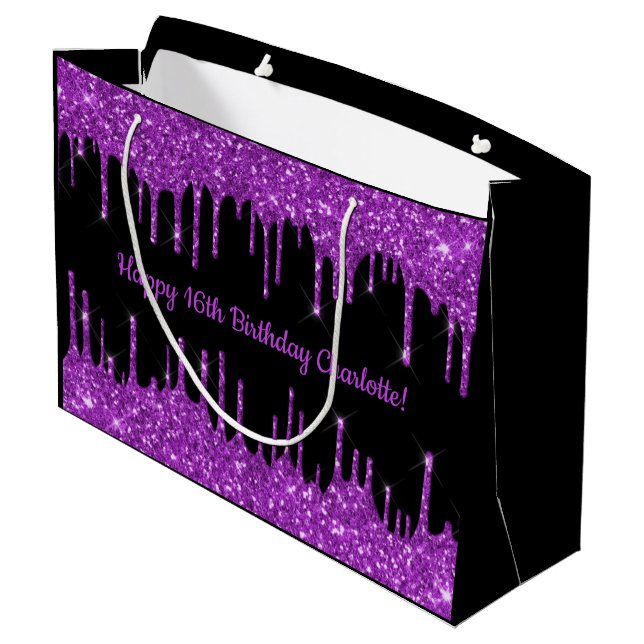 Birthday purple glitter drips black monogram large gift bag (Back Angled)