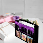 Birthday purple glitter drips black monogram large gift bag<br><div class="desc">For a 50th (or any age) birthday.  An elegant black background. With purple faux glitter drips,  paint dripping look.  Personalise and add 3 of your own photos,  a date,  name and age 50. Purple text. The name is written with a modern hand lettered style script.</div>