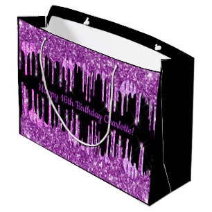 Birthday purple glitter drips black pink monogram large gift bag