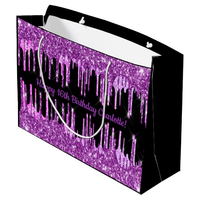 Birthday purple glitter drips black pink monogram large gift bag (Back Angled)
