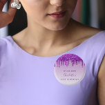 Birthday purple glitter drips custom monogram  3 cm round badge<br><div class="desc">For a 21st (or any age) birthday party. A purple gradient background decorated with faux glitter drips, paint dripping look. The purple background colour is uneven. Personalise and add a date , name and age 21. The name is written with a hand lettered style script. Perfect as party favours or...</div>
