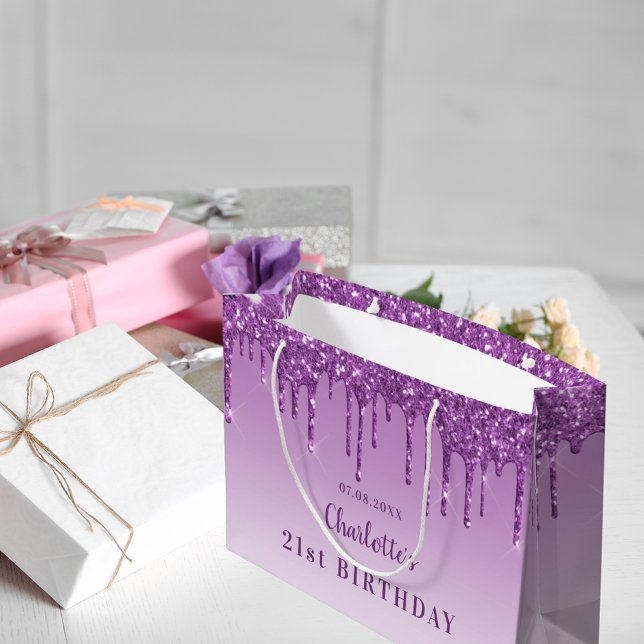 Birthday purple glitter drips monogram luxury large gift bag (Creator Uploaded)