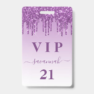 Birthday purple glitter drips monogram luxury vip  ID badge