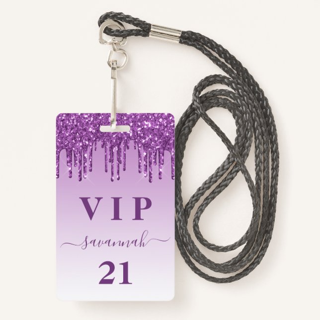 Birthday purple glitter drips monogram luxury vip  ID badge (Front with Lanyard)