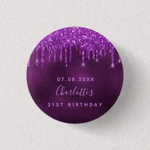 Birthday purple glitter drips name tag 3 cm round badge