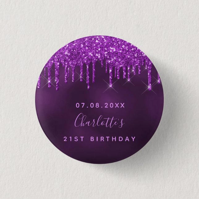 Birthday purple glitter drips name tag 3 cm round badge (Front)