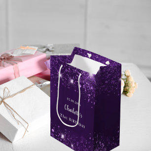 Birthday purple glitter dust monogram medium gift bag
