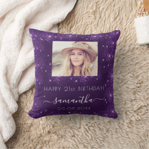 Birthday purple glitter photo name script cushion