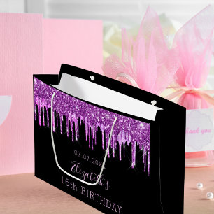 Birthday purple glitter pink drips black monogram large gift bag