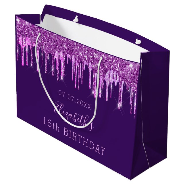 Birthday purple glitter pink drips monogram glam large gift bag (Back Angled)