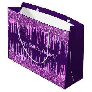 Birthday purple glitter pink drips name glamourous large gift bag