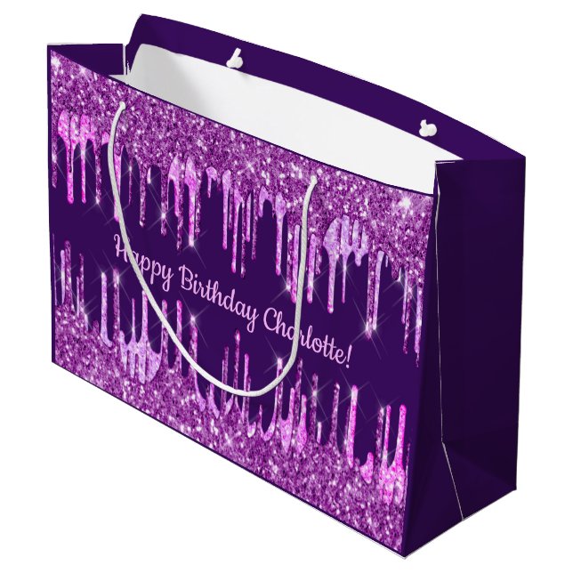 Birthday purple glitter pink drips name glamourous large gift bag (Back Angled)