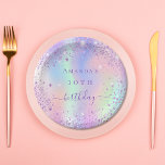 Birthday purple glitter pink holographic name paper plate<br><div class="desc">A girly trendy iridescent background with unicorn and rainbow pastel colours in pink,  purple,  rose gold,  mint green. Decorated with faux glitter dust.  Personalise and add a name and age.  The word birthday is written with a modern hand lettered style script.</div>