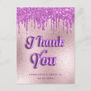 Birthday purple glitter rose gold pink thanj you postcard