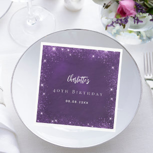 Birthday purple glitter sparkles name napkin