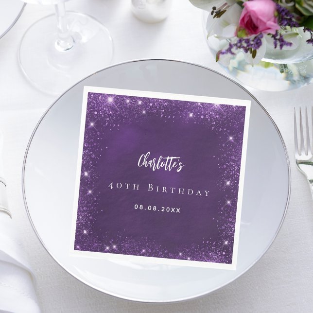 Birthday purple glitter sparkles name napkin (Creator Uploaded)