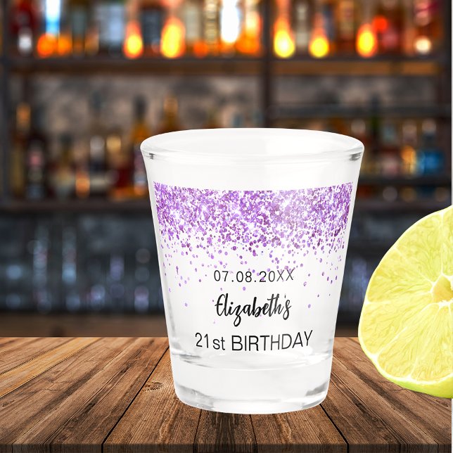 Birthday purple glitter sparkles name shot glass (Creator Uploaded)