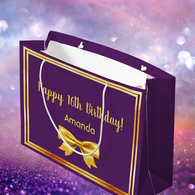 Birthday purple gold elegant bow name large gift bag (Creator Uploaded)