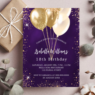Birthday purple gold glitter balloons invitation