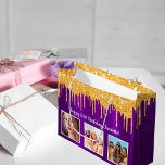 Birthday purple gold glitter drips name photo large gift bag<br><div class="desc">For a 21st (or any age) birthday.  An elegant purple metallic looking background. With faux gold glitter drips,  paint dripping look.  Personalise and add 3 of your own photos,  a date,  name and age 50. The name is written wit a modern hand lettered style script.</div>