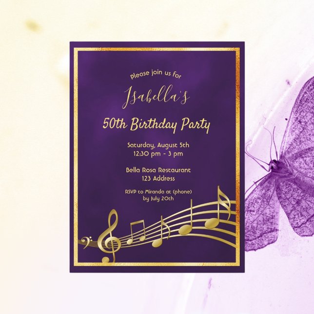 Birthday  purple gold music invitation postcard (Creator Uploaded)