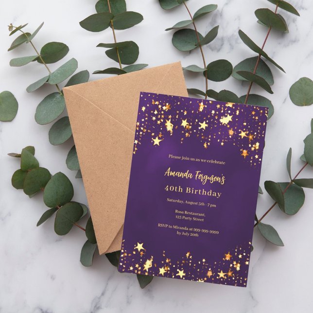 Birthday purple gold stars luxury invitation (Creator Uploaded)