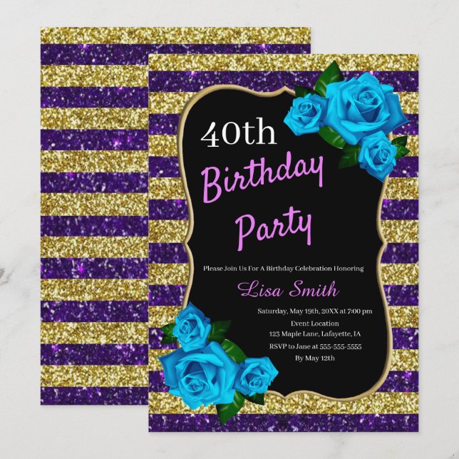 Birthday Purple Gold Stripes Glitter Blue Roses Invitation (Front/Back)