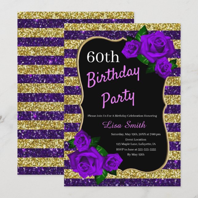 Birthday Purple Gold Stripes Glitter Purple Roses Invitation (Front/Back)