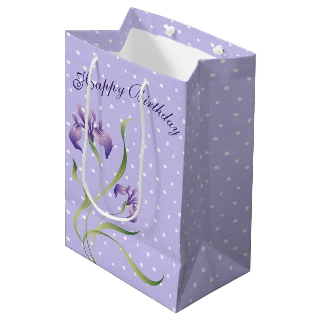 Birthday Purple Iris On Polka Dots Medium Gift Bag (Front Angled)