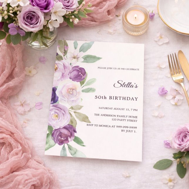 Birthday purple lavender florals ivory invitation (Creator Uploaded)