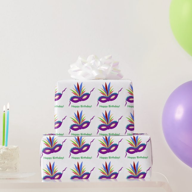 Birthday Purple Mask Mardi Gras Wrapping Paper (Party Gifts)
