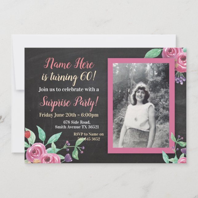 Birthday Purple Pink Flower Photo Chalk Invitation (Front)