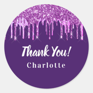 Birthday purple pink glitter drip favour thank you classic round sticker