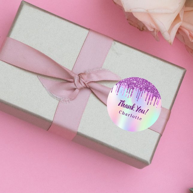 Birthday purple pink glitter drip favour thank you classic round sticker (Creator Uploaded)