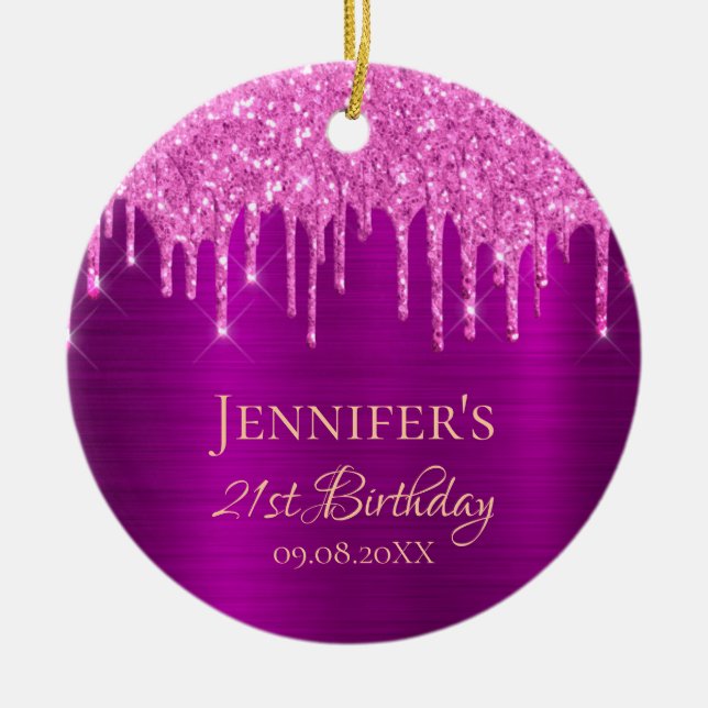 Birthday purple pink glitter drips thank you ceramic tree decoration (Front)