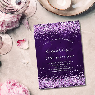 Birthday purple pink glitter glamourous invitation postcard