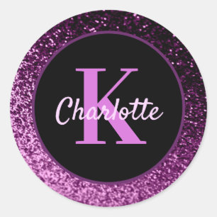 Birthday purple pink glitter monogram luxury classic round sticker