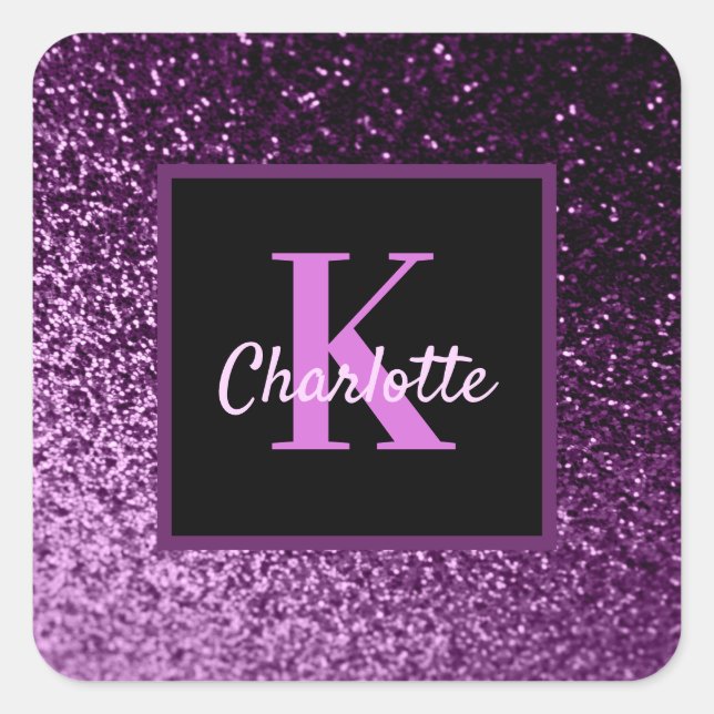 Birthday purple pink glitter monogram luxury  square sticker (Front)