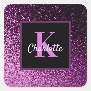 Birthday purple pink glitter monogram luxury  square sticker