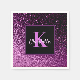 Birthday purple pink glitter monogram name napkin