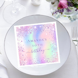 Birthday purple pink holographic name  napkin