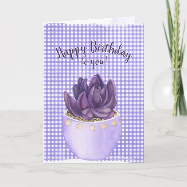 Birthday Purple Potted Succulent on Gingham Card (Front)