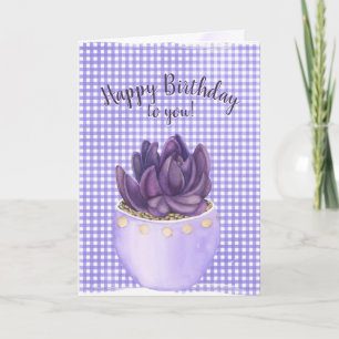 Birthday Purple Potted Succulent on Gingham Card