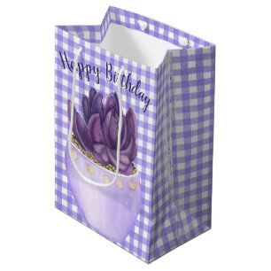 Birthday Purple Potted Succulent on Gingham  Medium Gift Bag