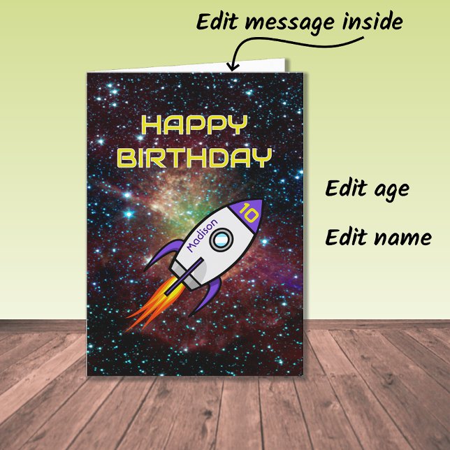 Birthday purple rocket custom name and age card (Creator Uploaded)