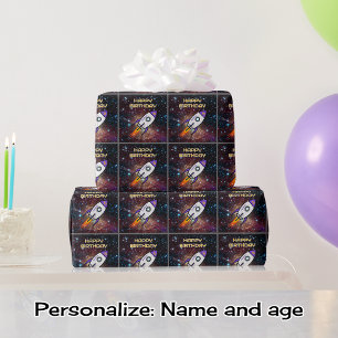 Birthday purple rocket custom name and age wrapping paper
