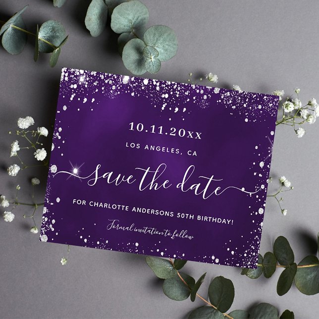 Birthday purple silver glitter budget save date flyer (Creator Uploaded)
