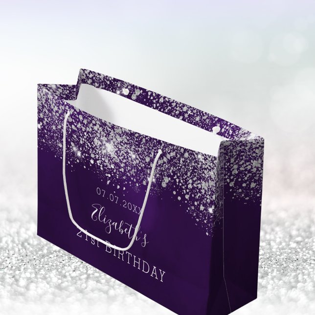 Birthday purple silver glitter dust monogram large gift bag (Creator Uploaded)